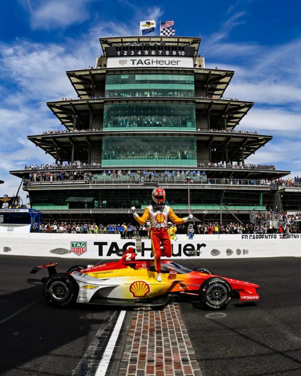 Josef Newgarden celebrates his win in the 107th Running of the Indianapolis 500. Photo courtesy IndyCar.